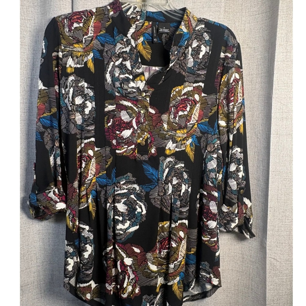 New Directions Womens Floral Roll Tab Sleeve Tunic Top Black Small 3TYP07N674826